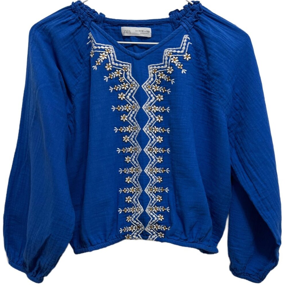 K5036 Zara Loose Fit Embroidered Trim Long Sleeve Crop Top Girls